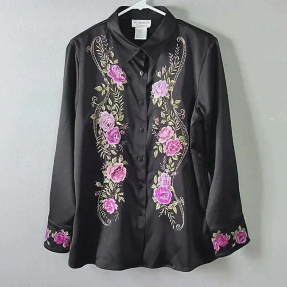 Vtg. Victor Costa Occasion Blouse Women M Black Satin Floral Embroidered Sequins